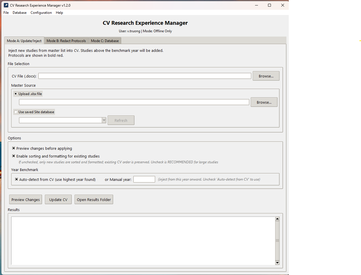 Screenshot of the CV Research Experience Manager desktop application showing the GUI with Update/Inject, Redact, and Database tabs