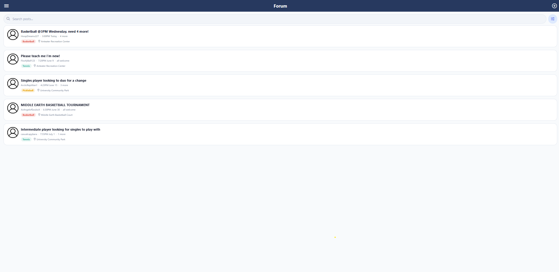 Game-On app forum thread view showing discussion posts about a basketball meetup