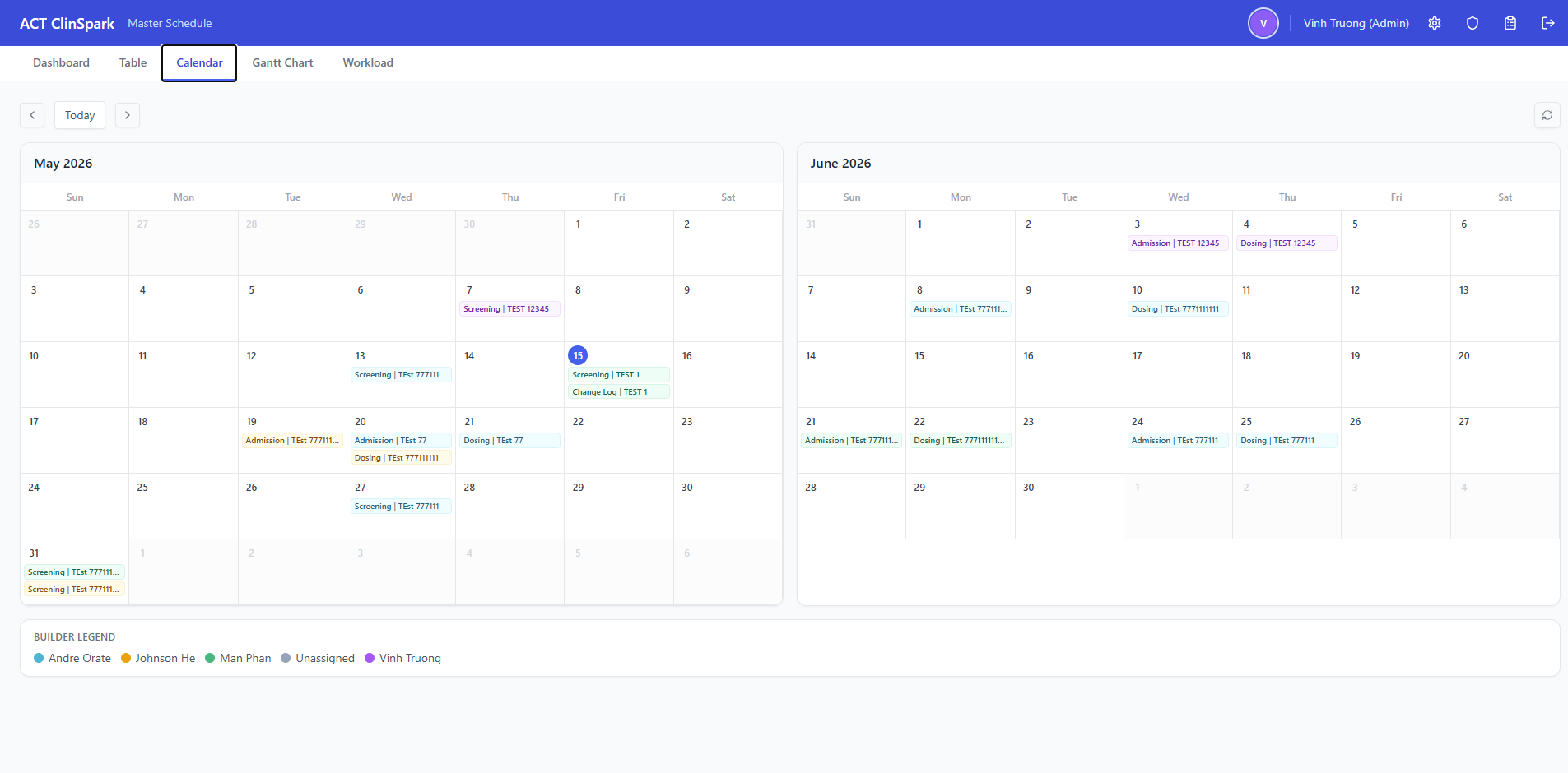 Calendar view showing study milestones plotted on a scrollable timeline