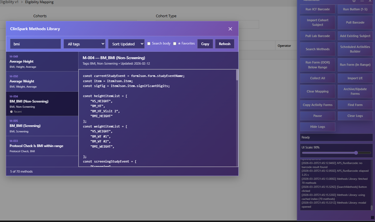 Method library documentation showing a calculation method with code snippet